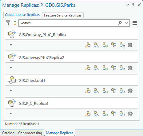 Fenêtre Manage Replicas (Gérer les réplicas) répertoriant les réplicas de géodatabase auxquels le jeu de données Parks (Parcs) participe.