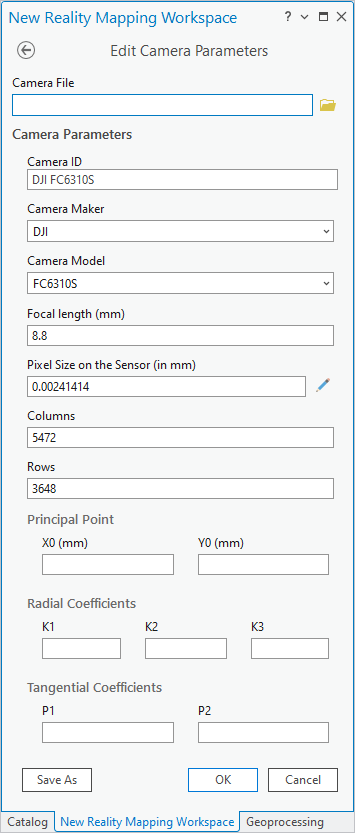 Edit Camera Parameters (Modifier les paramètres de la caméra) de Reality Mapping pour l’espace de travail d’imagerie de drone