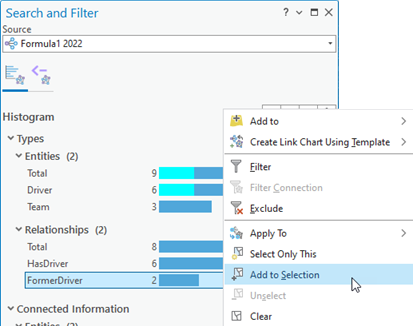 Ajoutez des relations d’un histogramme à la sélection dans la fenêtre Search And Filter (Rechercher et filtrer).