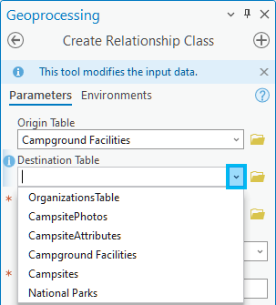 Paramètre Destination Table (Table de destination)