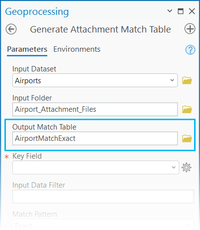 Paramètre Table d’appariement en sortie renseigné