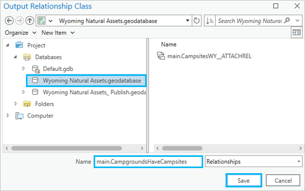 Dans la boîte de dialogue Classe de relations en sortie, accédez à la géodatabase dans laquelle la classe de relations sera stockée.