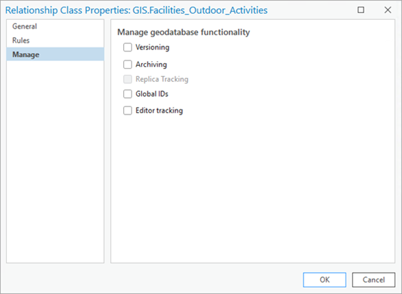 Onglet Manage (Gérer) de la boîte de dialogue Relationship Class Properties (Propriétés de la classe de relations)