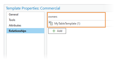 Onglet latéral Relationships (Relations) dans Template Properties (Propriétés du modèle)