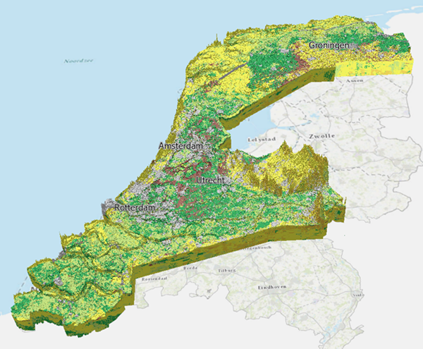 Modèle souterrain des Pays-Bas représentant des classes lithologiques sous forme de valeurs uniques