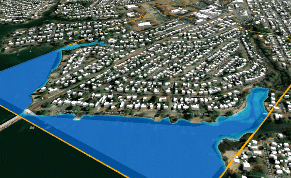Eau remplissant une zone d’intérêt de simulation d’inondation. Eau remplissant une zone d’intérêt de simulation d’inondation.