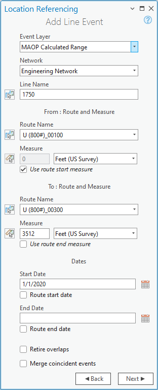 Fenêtre Add Line Event (Ajouter un événement linéaire) avec les champs Route and Measure (Itinéraire et mesure) et Dates