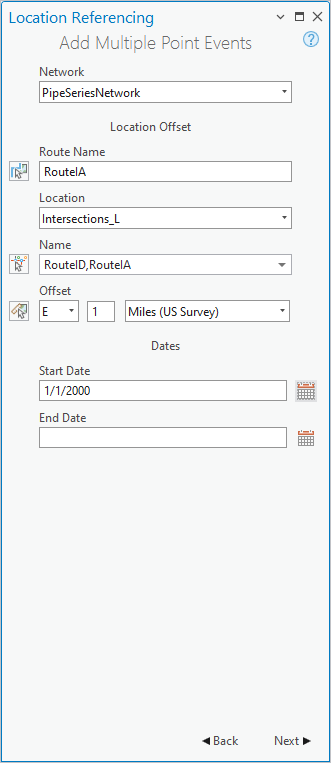 Méthode Location Offset (Décalage de la localisation) sélectionnée dans la fenêtre Add Multiple Point Events (Ajouter plusieurs événements ponctuels)