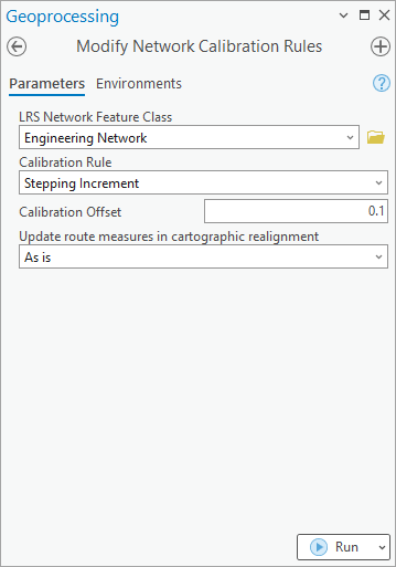 Outil de géotraitement Modifier les règles de calibrage du réseau qui utilise la règle de calibrage Stepping Increment (Intervalle incrémenté).