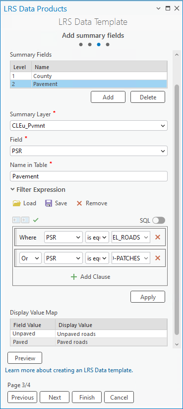 Plusieurs couches de synthèse sont définies dans la troisième fenêtre de l’assistant LRS Data Template (Modèle de données LRS)