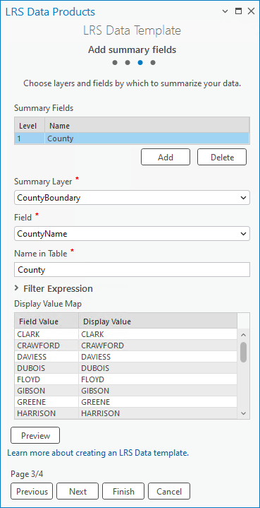 La première couche de synthèse est définie dans la troisième fenêtre de l’assistant LRS Data Template (Modèle de données LRS)