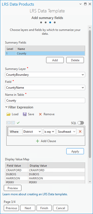 Les valeurs d’affichage sont filtrées à l’aide d’une expression dans la troisième fenêtre de l’assistant LRS Data Template (Modèle de données LRS)