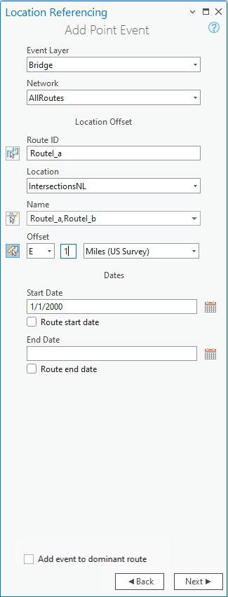 Méthode Location Offset (Décalage de la localisation) sélectionnée dans la fenêtre Add Point Event (Ajouter un événement ponctuel)