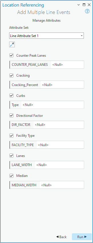 Section Manage Attributes (Gérer les attributs) dans la fenêtre Add Multiple Line Event (Ajouter plusieurs événements linéaires)