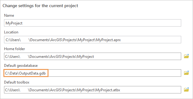 Boîte de dialogue Options présentant les paramètres du projet actuel
