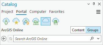 Onglet Portail dans la fenêtre Catalogue avec ArcGIS Online et Groupes sélectionnés