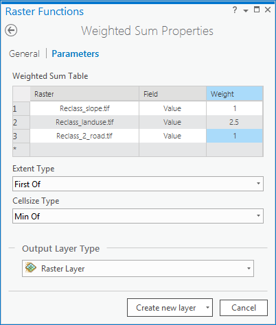 Weighted Sum Raster Function Properties Weighted Sum Raster Function Properties