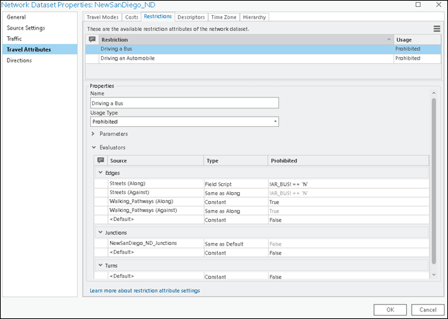 Restriction page in the Network Dataset Properties window showing the Driving a Bus restriction Restriction page in the Network Dataset Properties window showing the Driving a Bus restriction