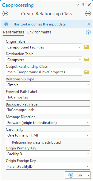 Create Relationship Class tool parameters populated for a simple relationship class Create Relationship Class tool parameters populated for a simple relationship class