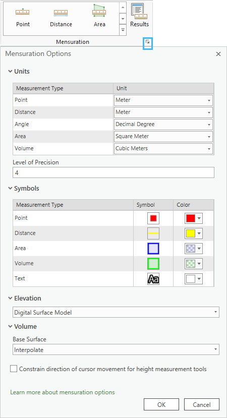 Mensuration Options dialog Mensuration Options dialog