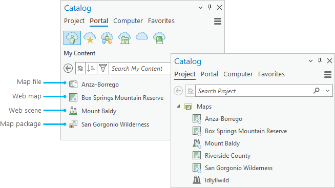 Catalog pane showing portal items on the Portal tab and corresponding maps on the Project tab Catalog pane showing portal items on the Portal tab and corresponding maps on the Project tab