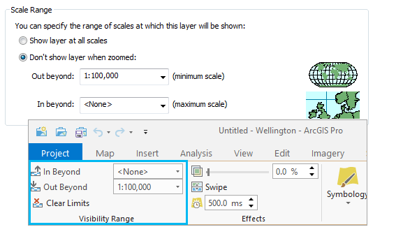 ArcMap と ArcGIS Pro の縮尺範囲設定