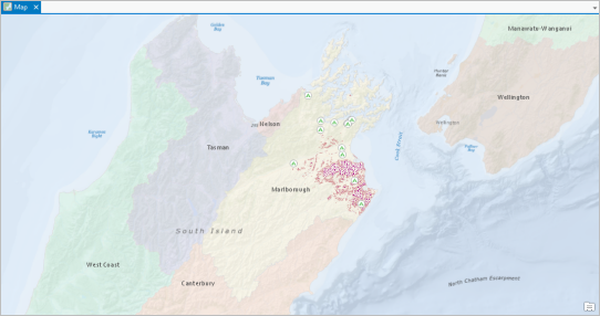 マールバラを中心にした地方別のニュージーランドのマップ
