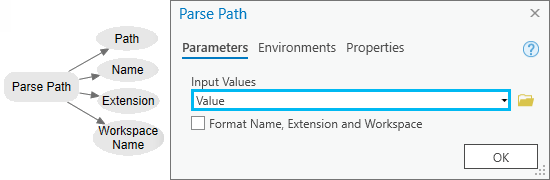 [パスの解析 (Parse Path)] ツールのダイアログ ボックス