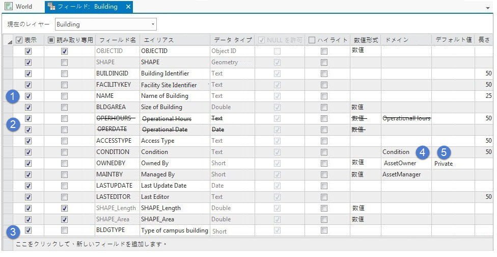 フィールド ビューで行った編集の例