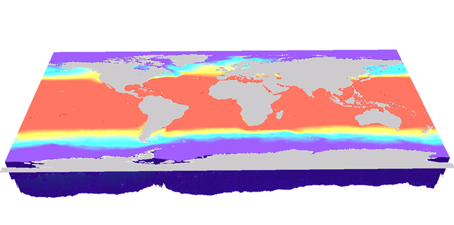 水温がストレッチ シンボルとして表されている、USGS と Esri が作成した生態学的海洋単位