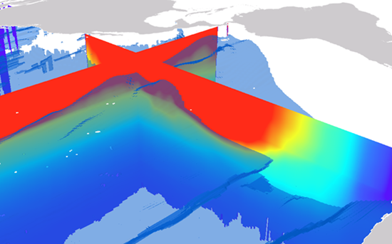 酸素飽和度の等値面とともに温度の断面を示す生態的海洋単位ボクセル レイヤー