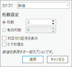 数値の表示オプションを示すウィンドウ