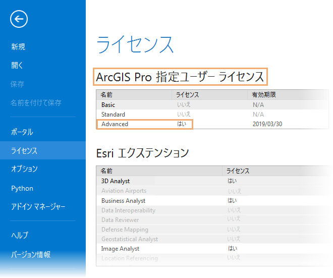 ArcGIS Pro の設定のライセンス ページ