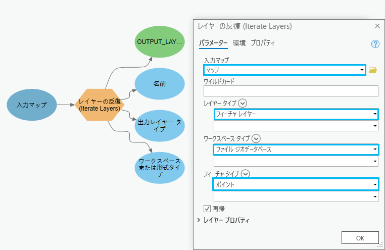 [レイヤーの反復 (Iterate Layers)] のモデル処理とツール ダイアログボックス