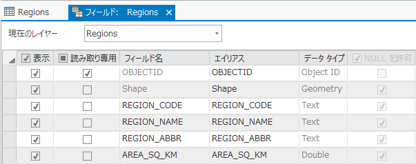 [Regions] テーブルのフィールド ビュー