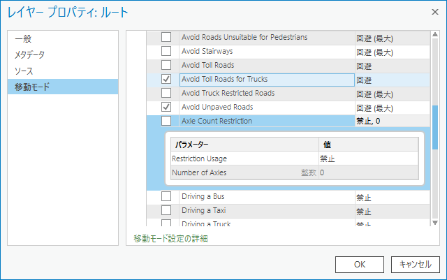 パラメーター値の変更方法を示すネットワーク解析レイヤー プロパティの [移動モード] ページ