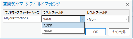 [MajorAttractions] フィーチャクラス内のすべてのテキスト フィールドが表示された [ラベル フィールド] ドロップダウン リストを含む [空間ランドマーク フィールド マッピング] ダイアログ ボックス