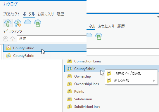 パーセル ファブリックおよびそのレイヤーをポータルからマップに追加する。