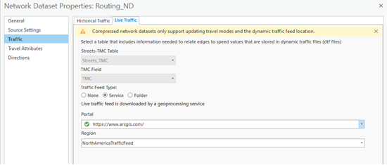 ライブ交通量の設定を示す、Routing_ND の [ネットワーク データセット プロパティ] ダイアログ ボックス