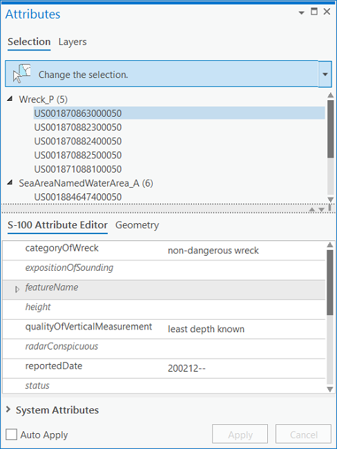 Attributes pane: S-100 Attribute Editor