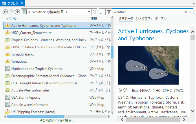 カタログ ビューで、アイテムのプロパティが列に表示され、データがプレビューされます。