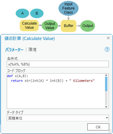 [値の計算 (Calculate Value)] をバッファー距離として使用