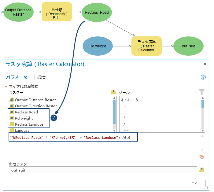 変数とレイヤーを用いた式を使用する [ラスター演算 (Raster Calculator)] ツール