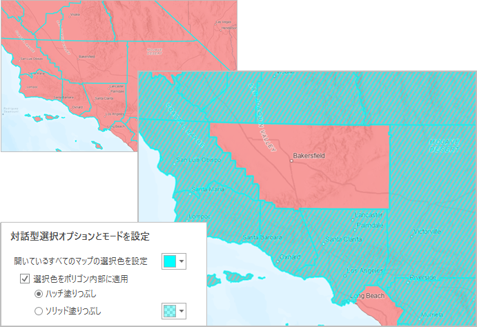 カリフォルニア州で郡が選択されている 2 つのマップ