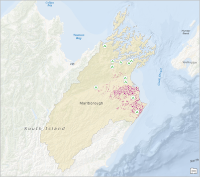 ニュージーランドのマールバラ地方を表示するマップ