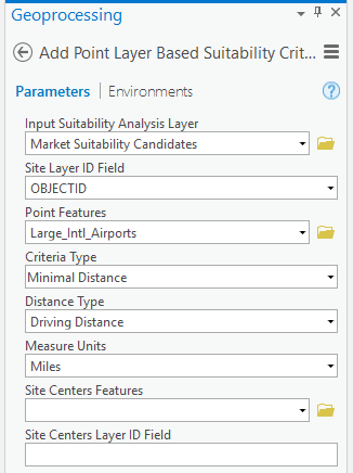 [ポイント レイヤーに基づく適合性条件の追加 (Add Point Layer Based Suitability Criteria)] のフィールド