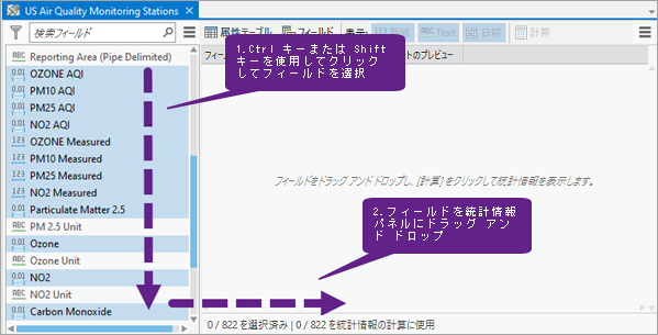 フィールドを選択して統計情報パネルにドラッグ