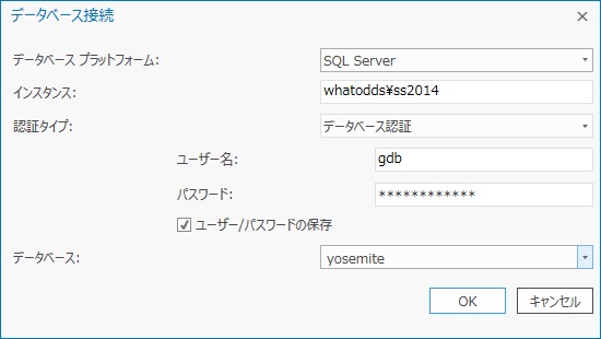 データベース認証を使用した SQL Server の名前付きインスタンス上にあるデータベースへの接続例