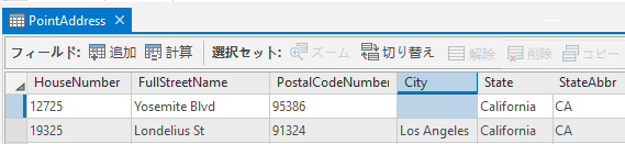 [結合 ID] フィールドがなく、都市名値が欠落している PointAddress データ