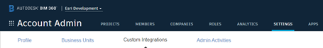 Autodesk BIM 360 の [Account Admin] 設定オプションのユーザー インターフェイス